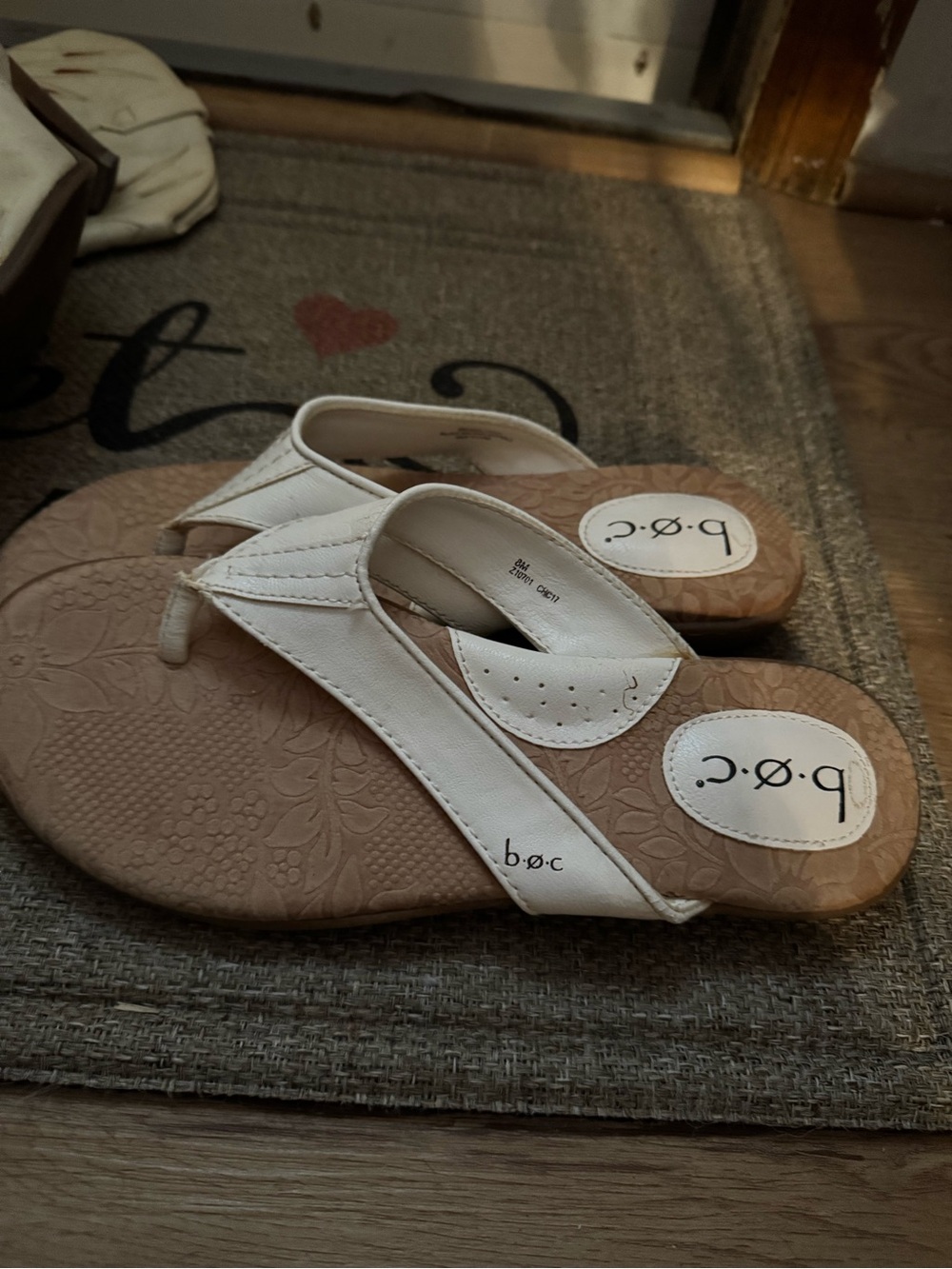 boc White and Tan Floral-Textured Thong Sandals